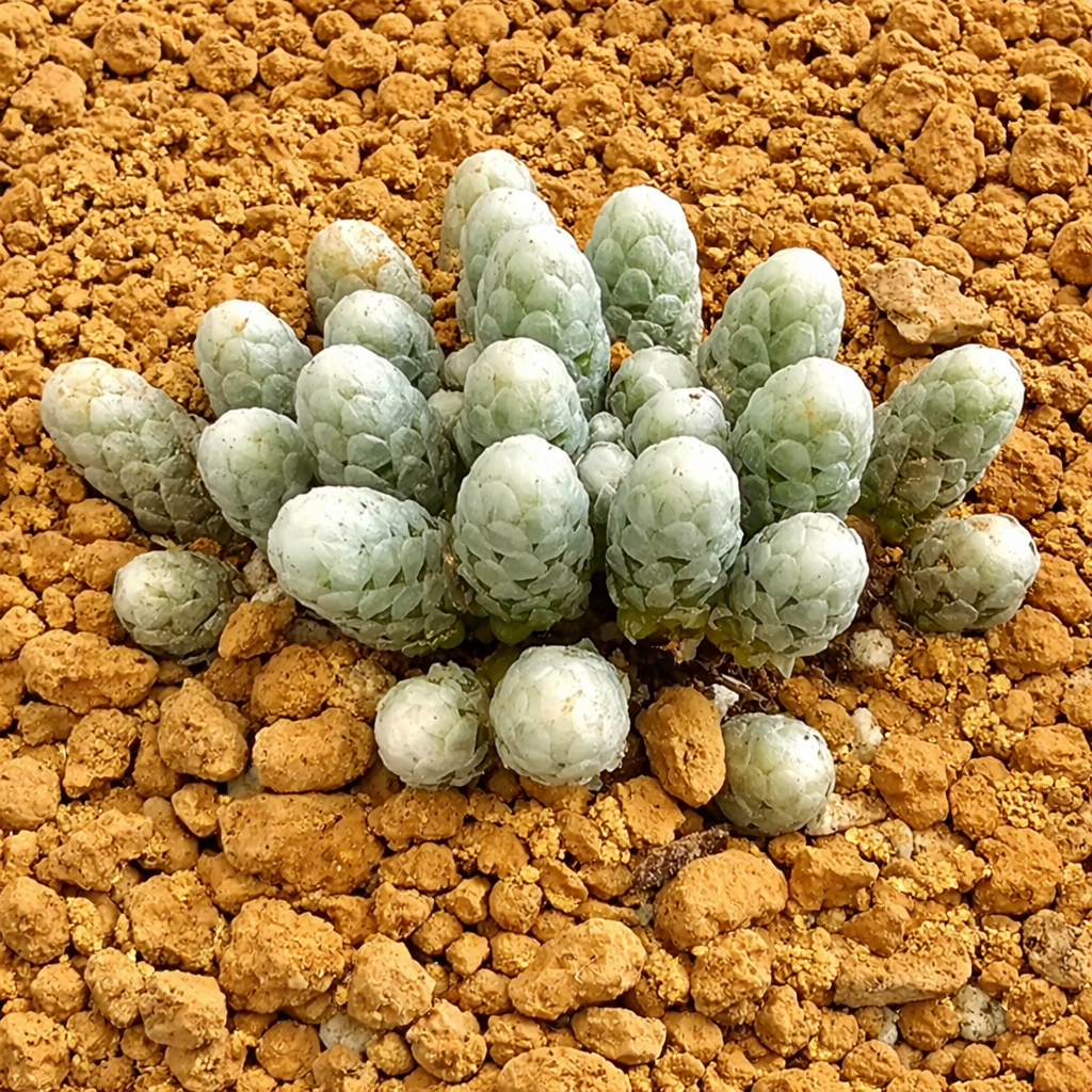Succulenta Anacampseros papyracea con foglie carnose, verde pallido e dalla texture squamosa su terreno roccioso
