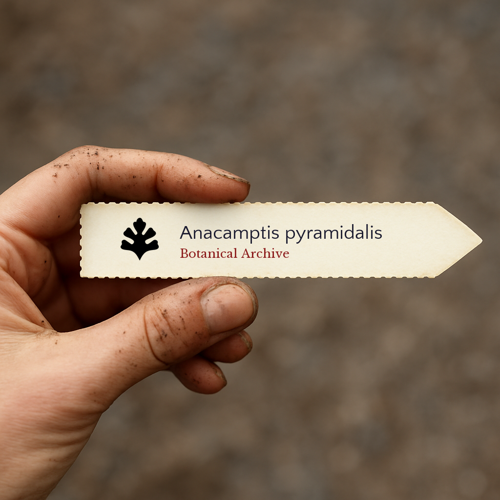 Etichetta piantina stampata per Anacamptis pyramidalis tenuta da mano sporca all'aperto