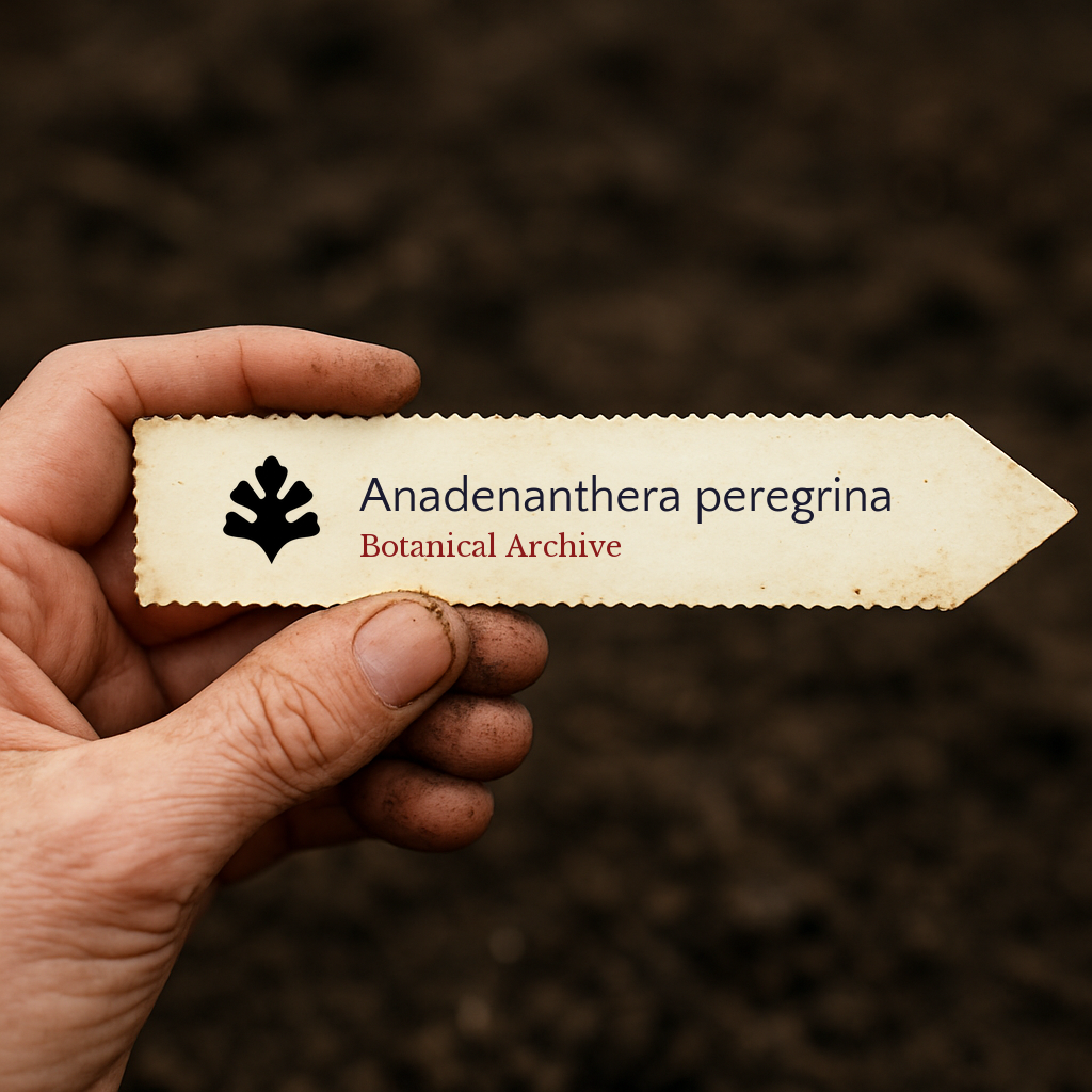 Etichetta botanica stampata per Anadenanthera peregrina su sfondo di terreno