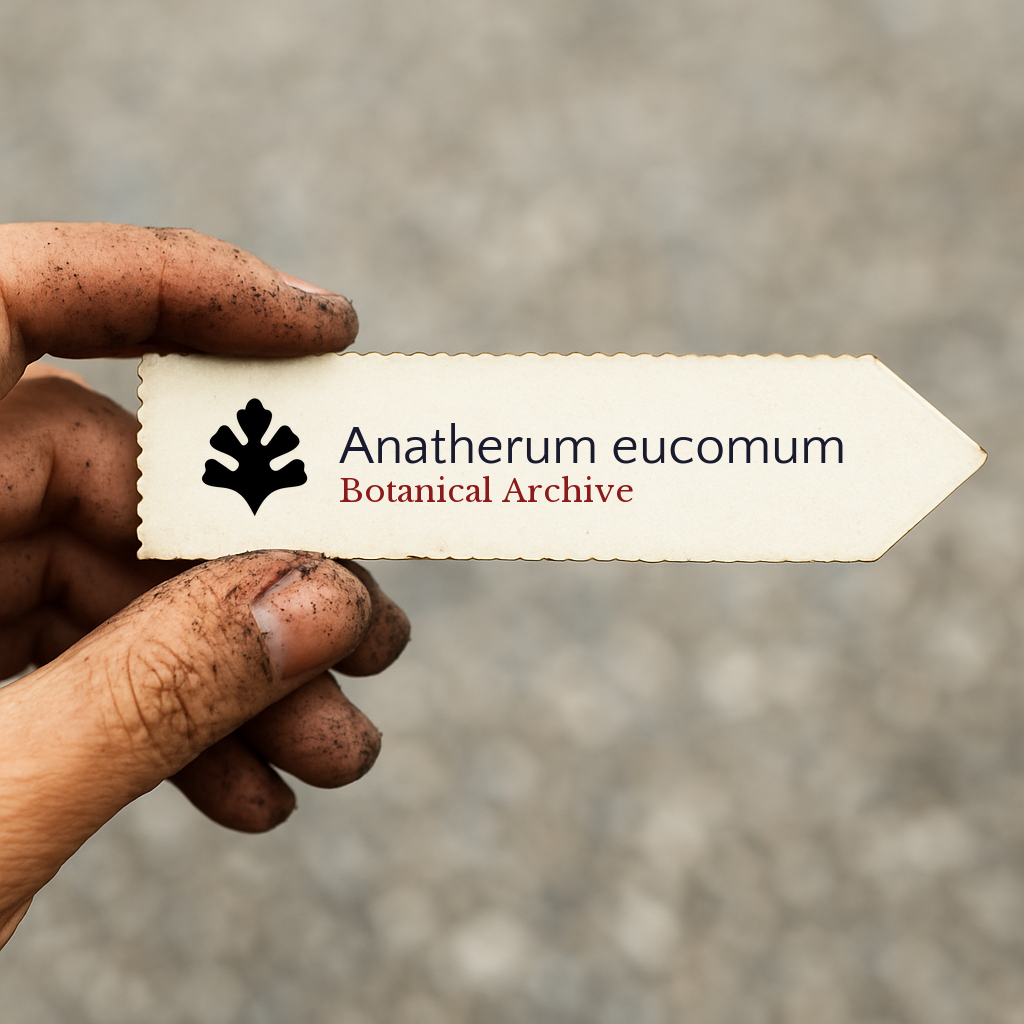 Printed plant label for Anatherum eucomum held by dirty hand on blurred background