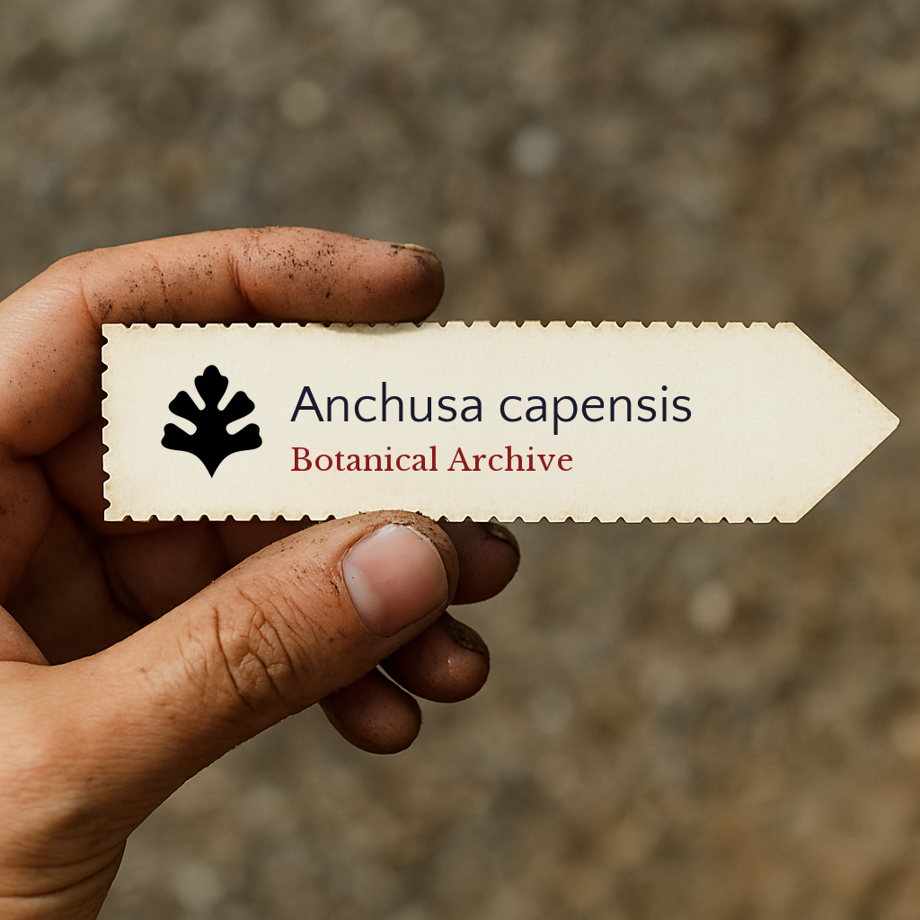 Printed plant label for Anchusa capensis held by hand with soil-stained fingers