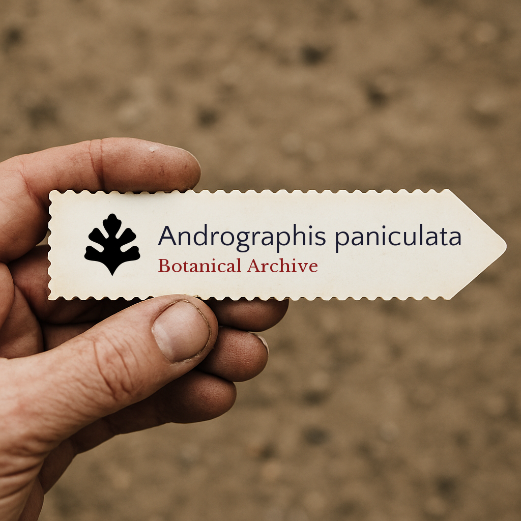 Etichetta stampata per pianta di Andrographis paniculata con logo Botanical Archive tenuta a mano