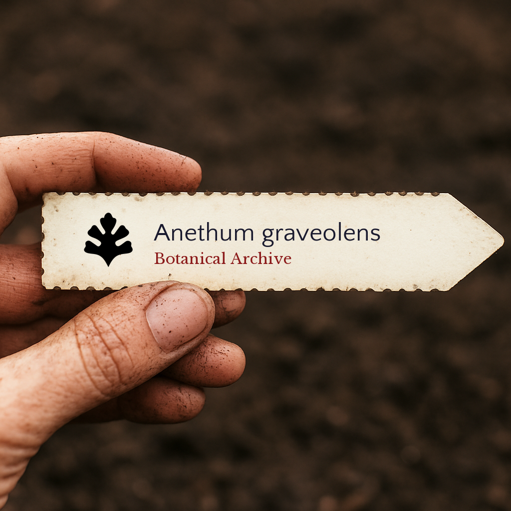 Printed plant label for Anethum graveolens held by dirty hand over soil background