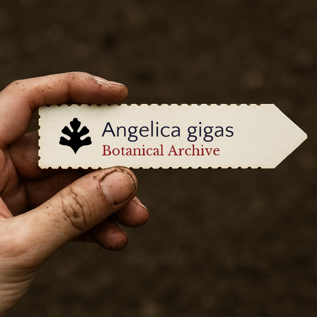 Etichetta stampata per pianta di Angelica gigas tenuta da mano sporca su sfondo di terra