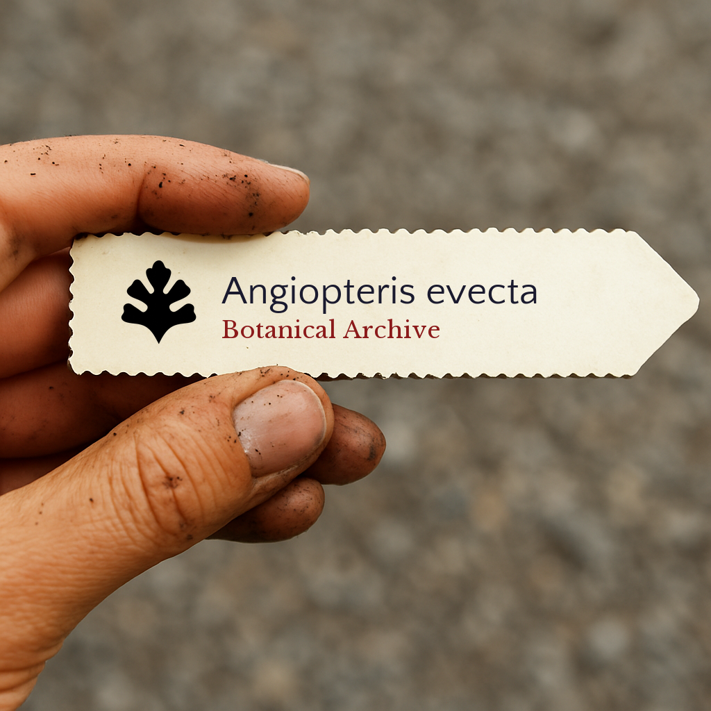 Etichetta stampata per pianta Angiopteris evecta tenuta da una mano sporca con sfondo sfocato