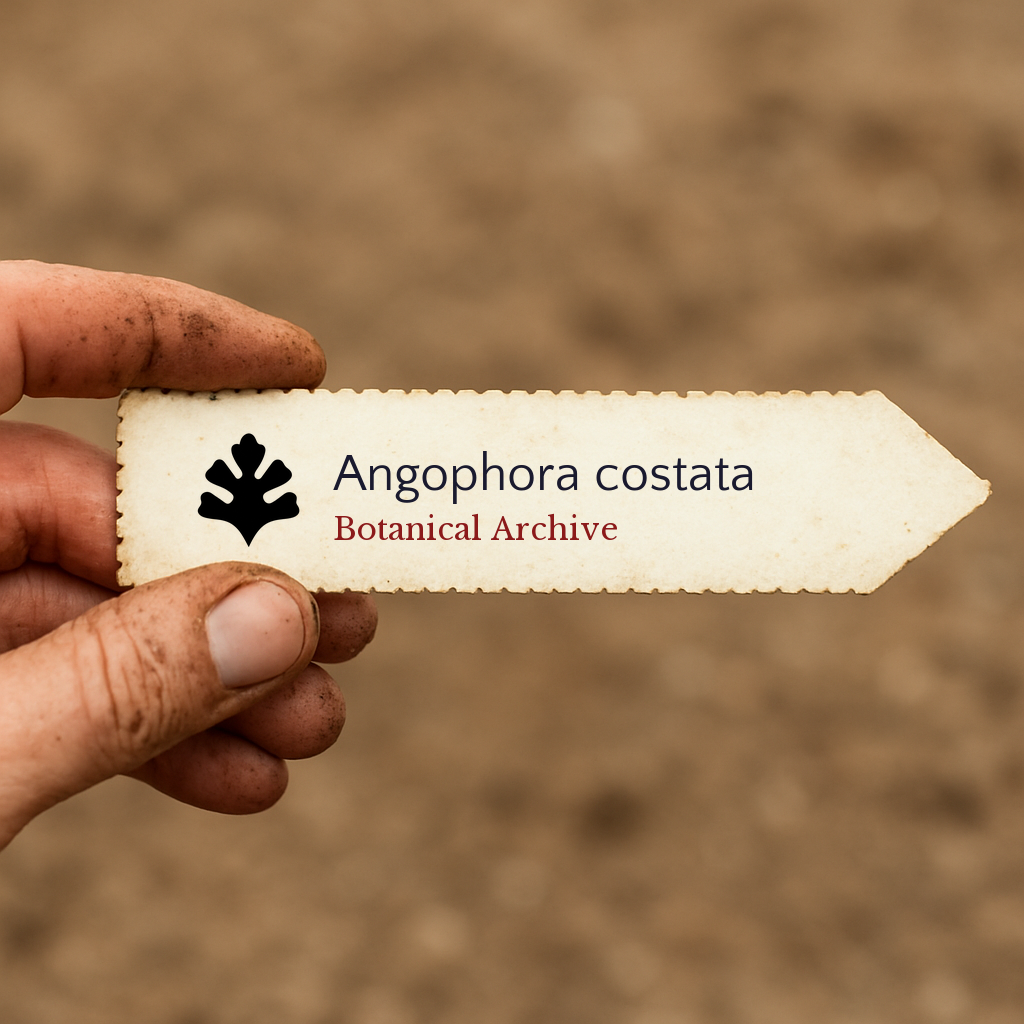 Etichetta stampata per pianta di Angophora costata tenuta da mano sporca su sfondo di terreno