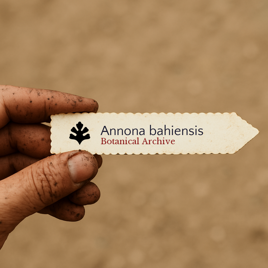 Printed plant label for Annona bahiensis held by dirty hand on neutral background