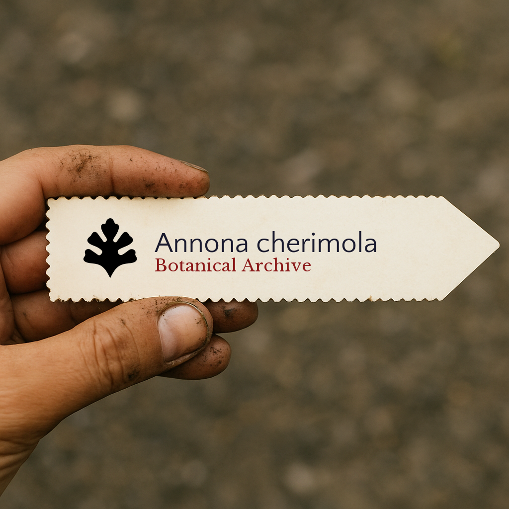 Etichetta stampata per pianta di Annona cherimola tenuta da mano sporca all'aperto