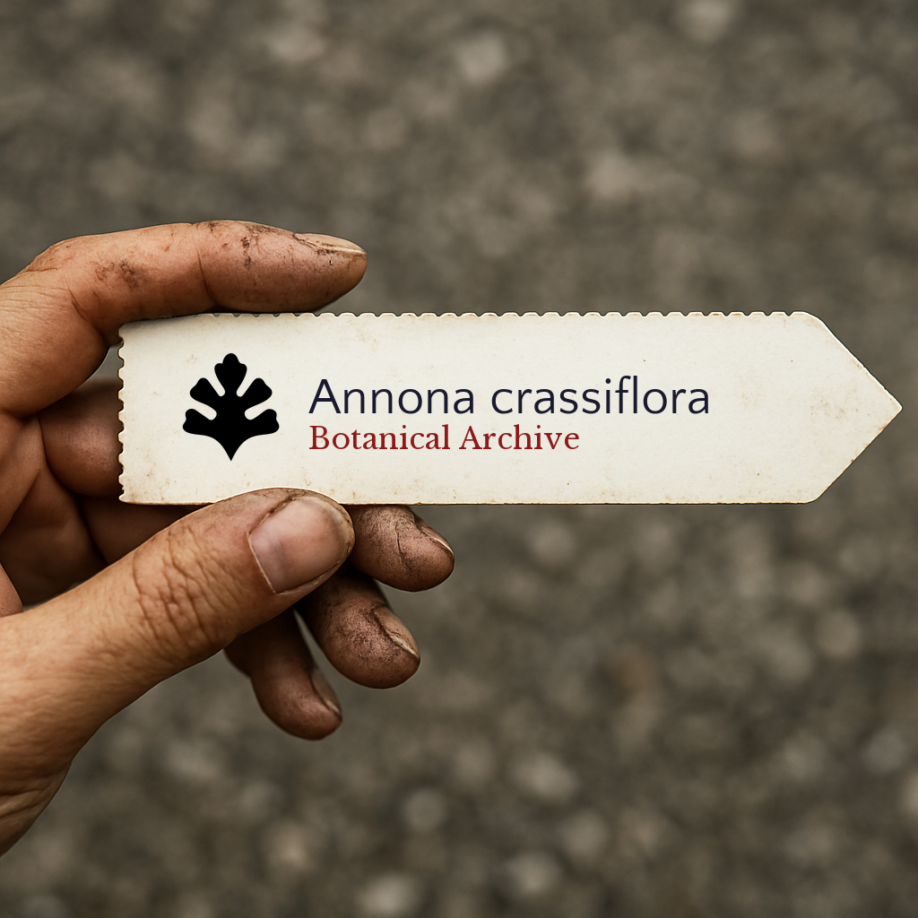 Printed plant label for Annona crassiflora held by dirty hand on blurred background