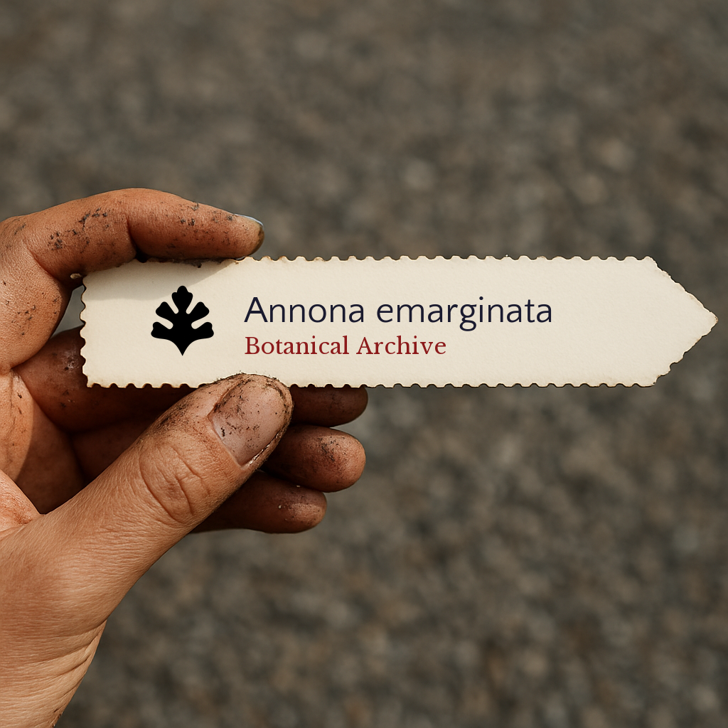 Printed plant label for Annona emarginata held by dirty hand outdoors