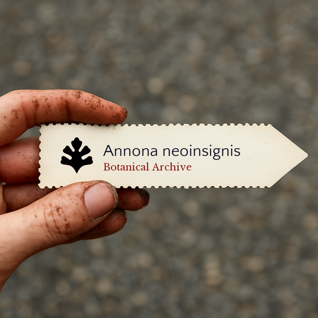 Printed plant label for Annona neoinsignis held by dirty hand outdoors