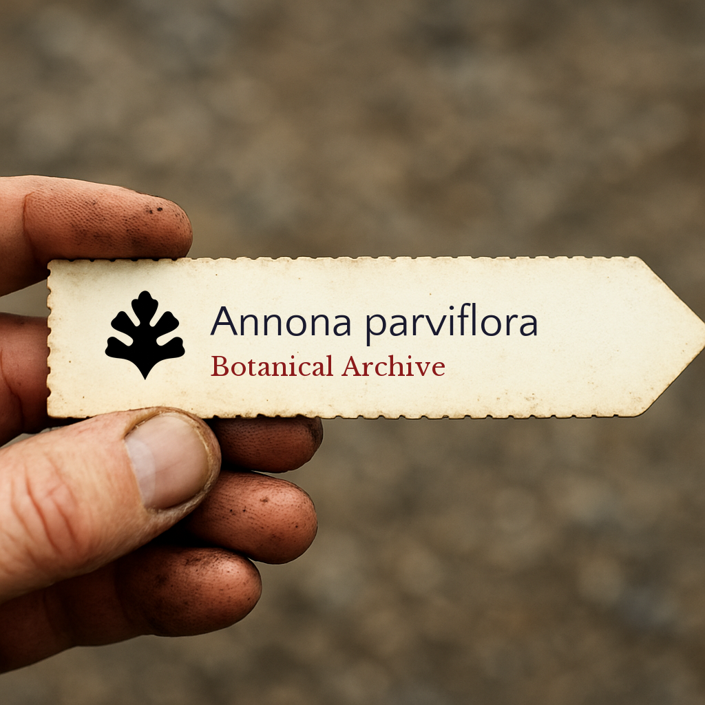 Etichetta per pianta stampata per Annona parviflora tenuta in mano con sfondo di terra
