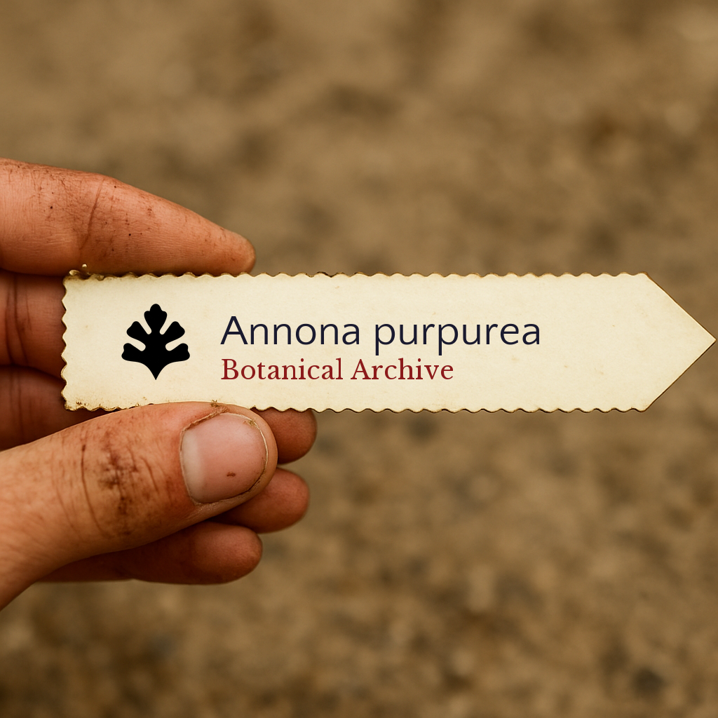 Etichetta manual vintage Botanical Archive per Annona purpurea con icona foglia