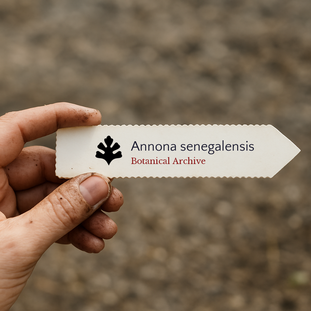 Etichetta per pianta stampata di Annona senegalensis tenuta a mano con sfondo di terra