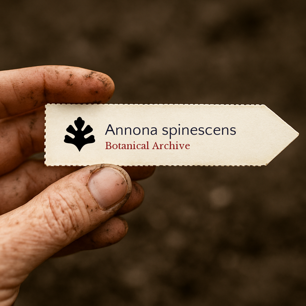 Etichetta per pianta stampata per Annona spinescens tenuta da una mano sporca con sfondo di terra