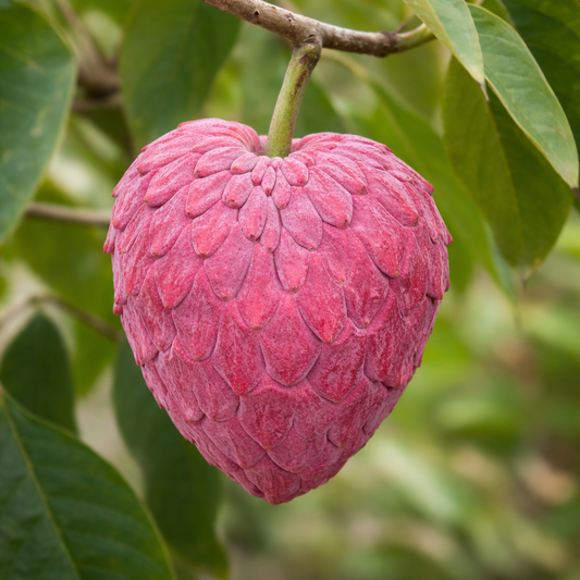 Annona cherimola ripe pink custard apple fruit with textured scales on tree branch