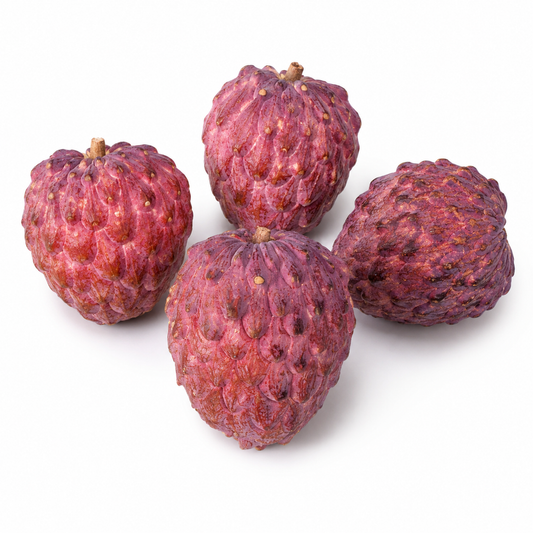 Annona × atemoya 'Red Israel' ripe red textured fruit cluster on white background