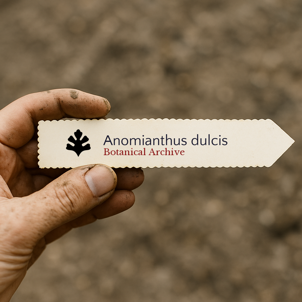 Etichetta stampata per pianta di Anomianthus dulcis tenuta da mano sporca su sfondo di terreno