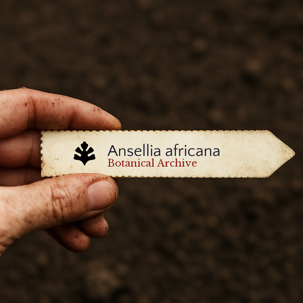 Etichetta per pianta stampata per Ansellia africana tenuta a mano con sfondo di terra