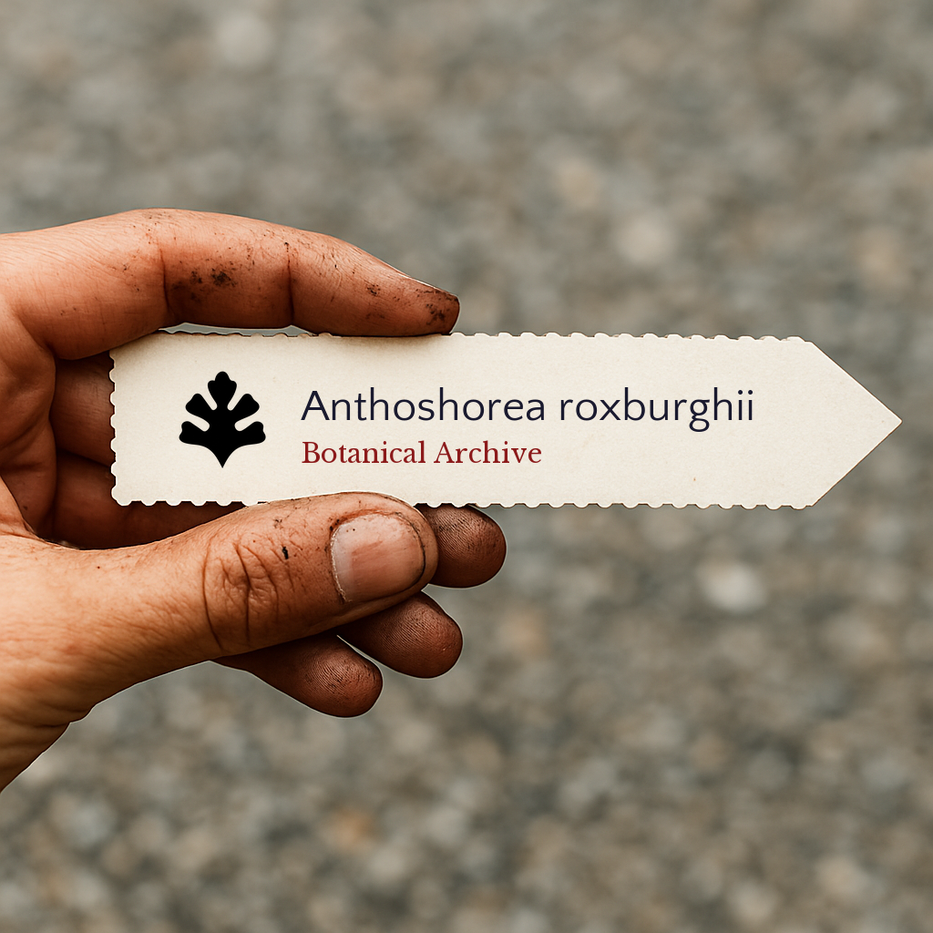 Etichetta stampata per pianta di Anthoshorea roxburghii tenuta a mano con sfondo di terra