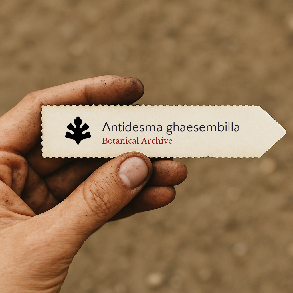 Printed plant label for Antidesma ghaesembilla held by dirty hand against soil background
