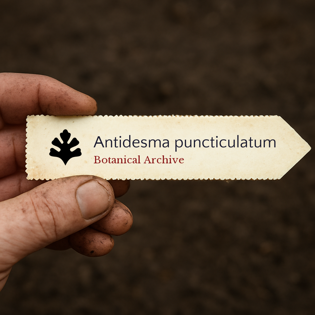 Etichetta stampata per pianta di Antidesma puncticulatum con logo Botanical Archive tenuta a mano