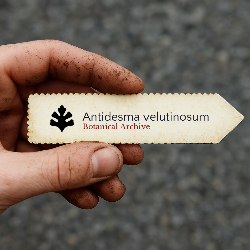Printed plant label for Antidesma velutinosum held by dirty hand outdoors
