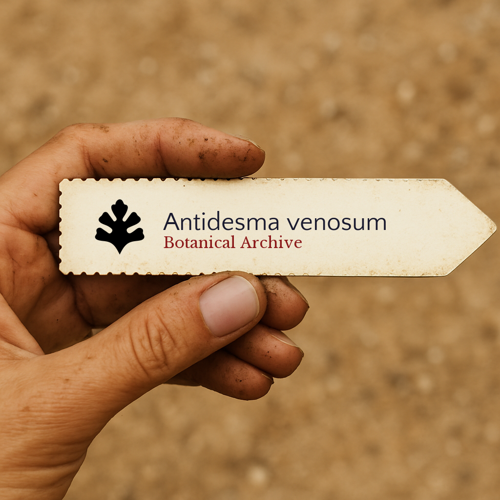 Printed plant label for Antidesma venosum held by hand with soil background