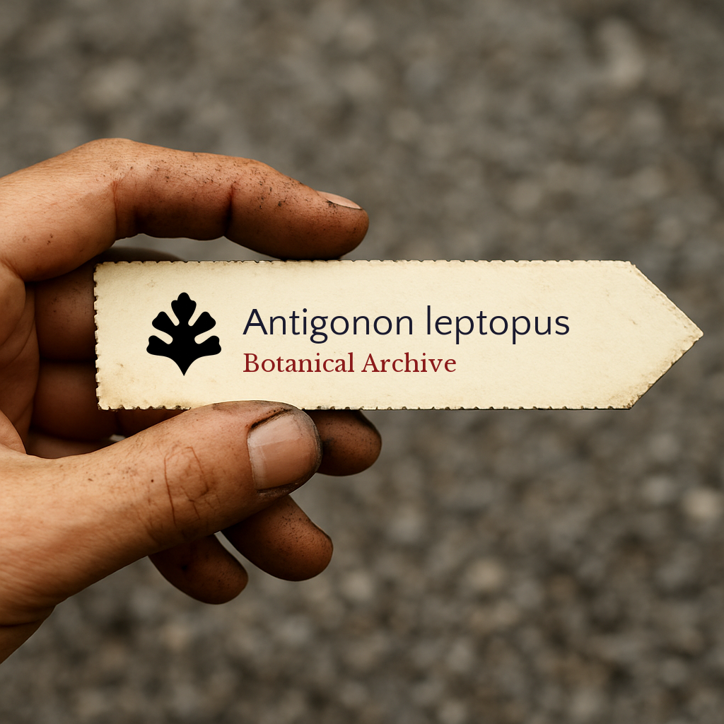 Etichetta stampata per pianta di Antigonon leptopus tenuta da mano sporca all'aperto