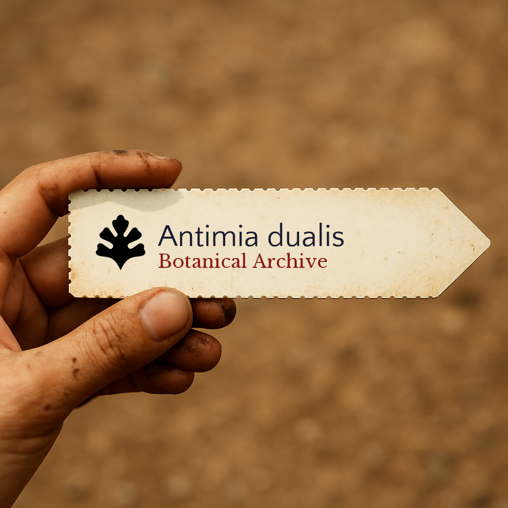 Etichetta per pianta stampata per Antimia dualis tenuta a mano con sfondo di terra