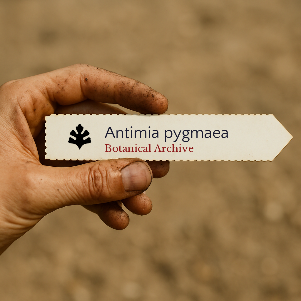 Printed plant label for Antimia pygmaea held by dirty hand against blurred soil background
