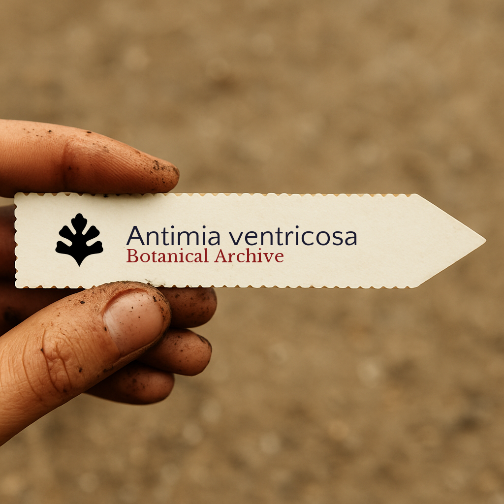 Printed plant label for Antimia ventricosa held by dirty hand against soil background