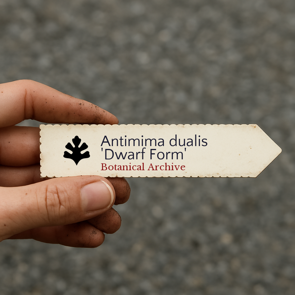 Printed plant label for Antimima dualis 'Dwarf Form' held by hand with dirt on fingers