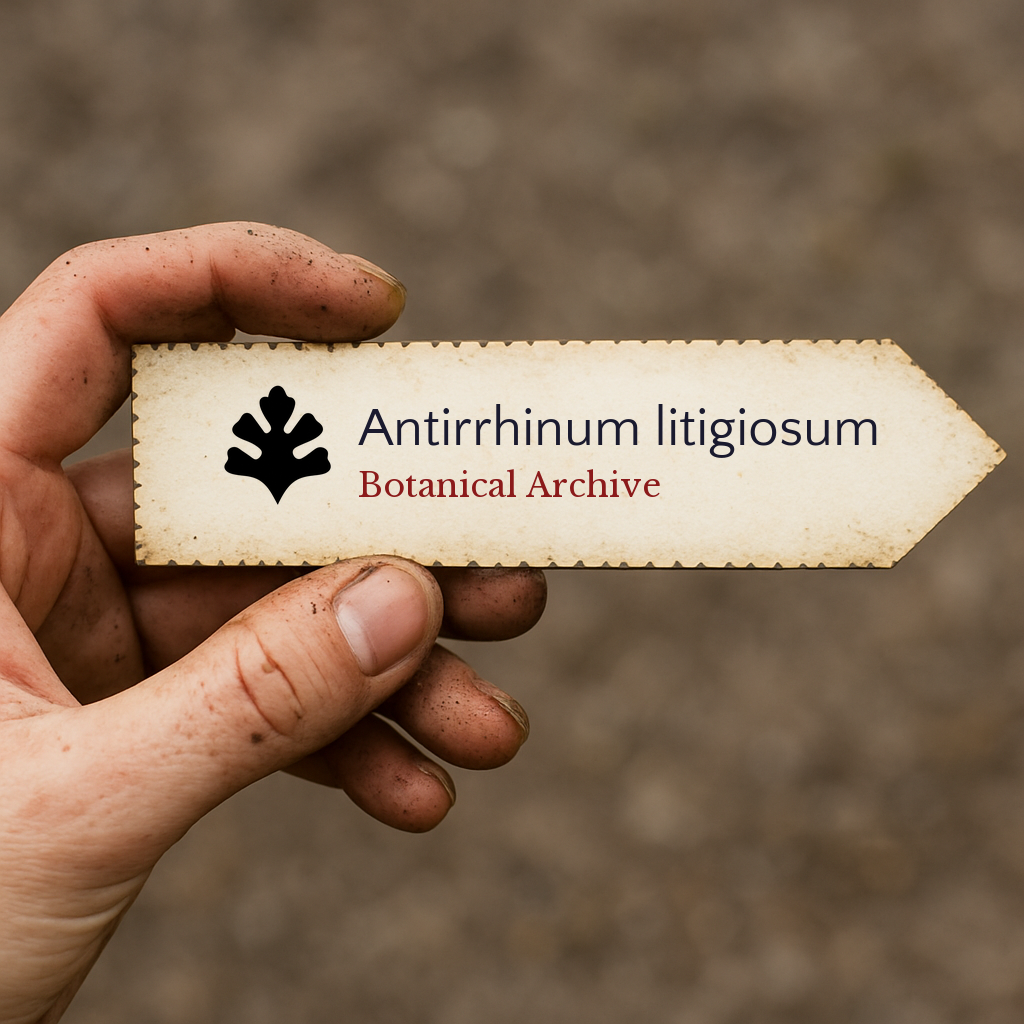 Printed plant label for Antirrhinum litigiosum held by dirty hand outdoors