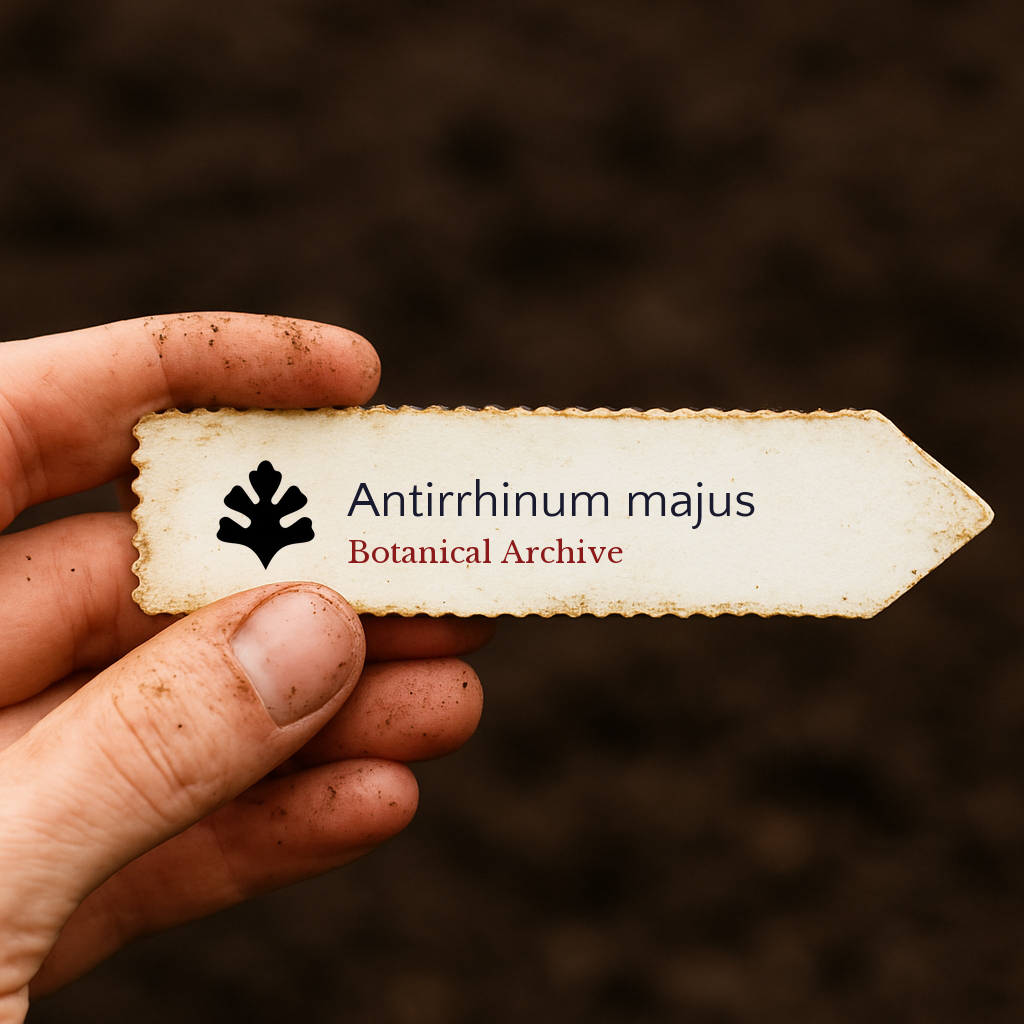 Etichetta stampata per pianta di Antirrhinum majus tenuta da mano sporca su sfondo di terreno