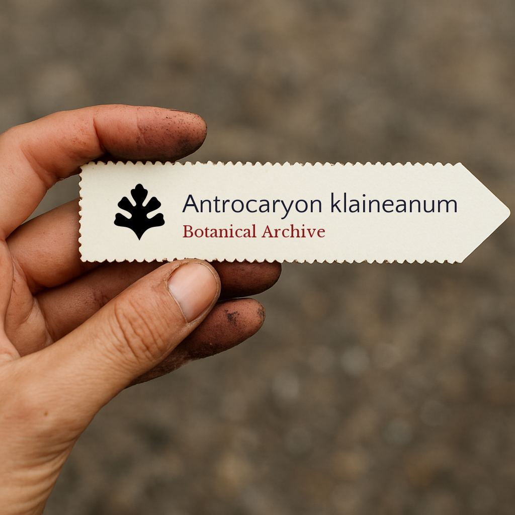 Etichetta per pianta stampata per Antrocaryon klaineanum con il logo Botanical Archive tenuta a mano