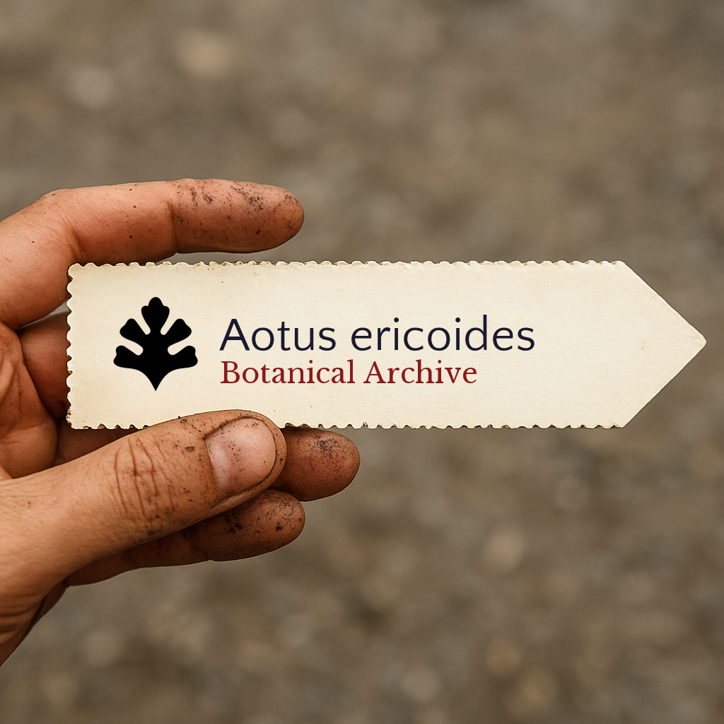Etichetta stampata per pianta di Aotus ericoides tenuta da mano sporca contro sfondo sfocato