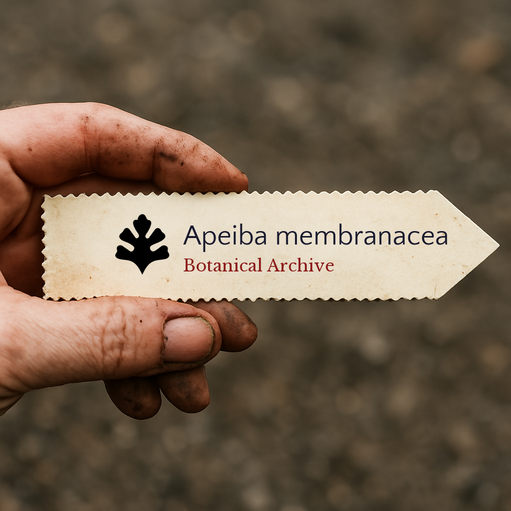 Etichetta per pianta stampata di Apeiba membranacea tenuta da una mano sporca all'aperto
