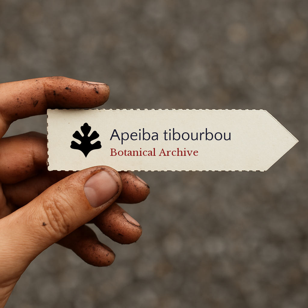 Printed plant label for Apeiba tibourbou held by dirty hand against blurred background