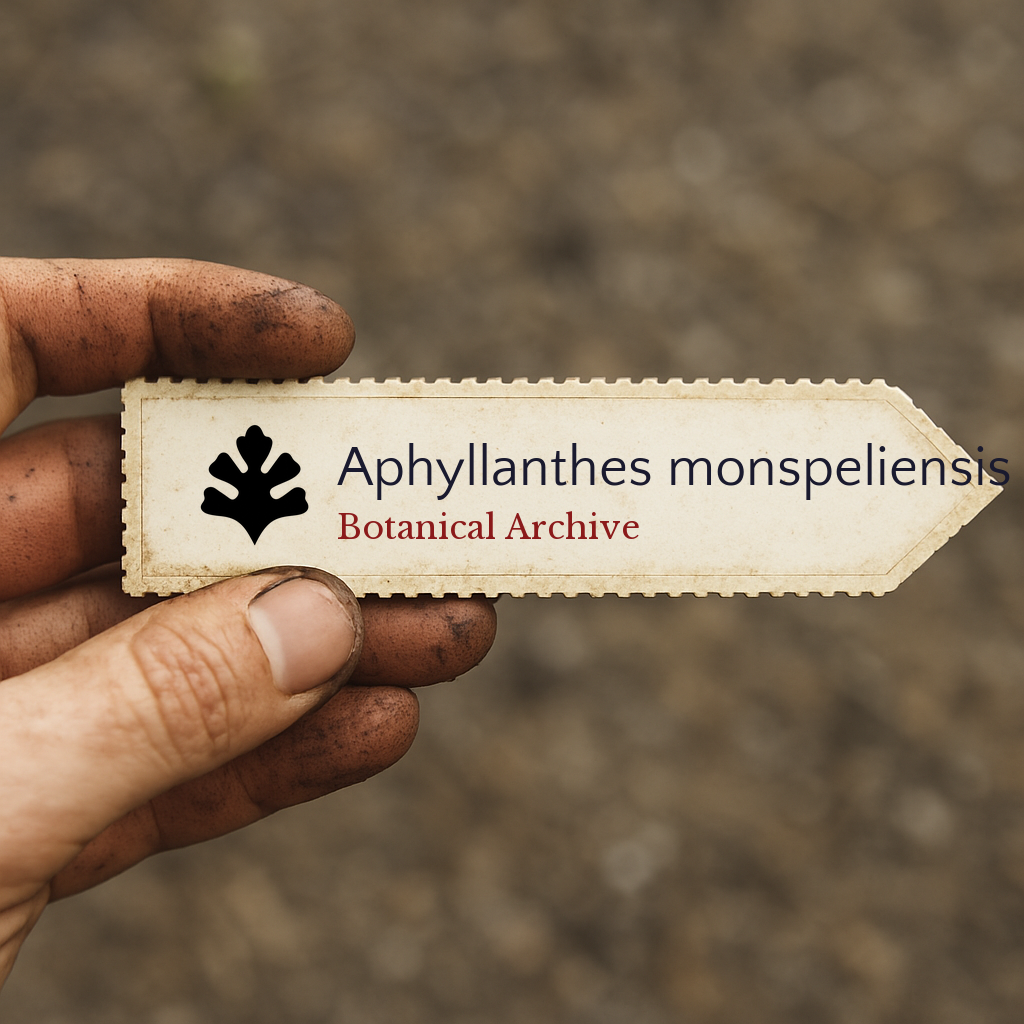 Printed plant label for Aphyllanthes monspeliensis held by dirty hand outdoors