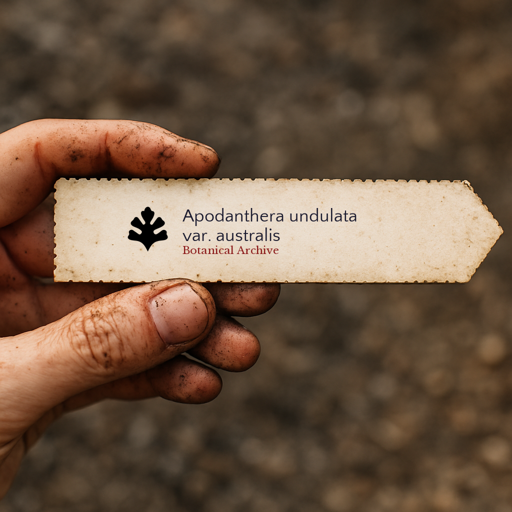 Printed plant label for Apodanthera undulata var. australis held by dirty hand outdoors