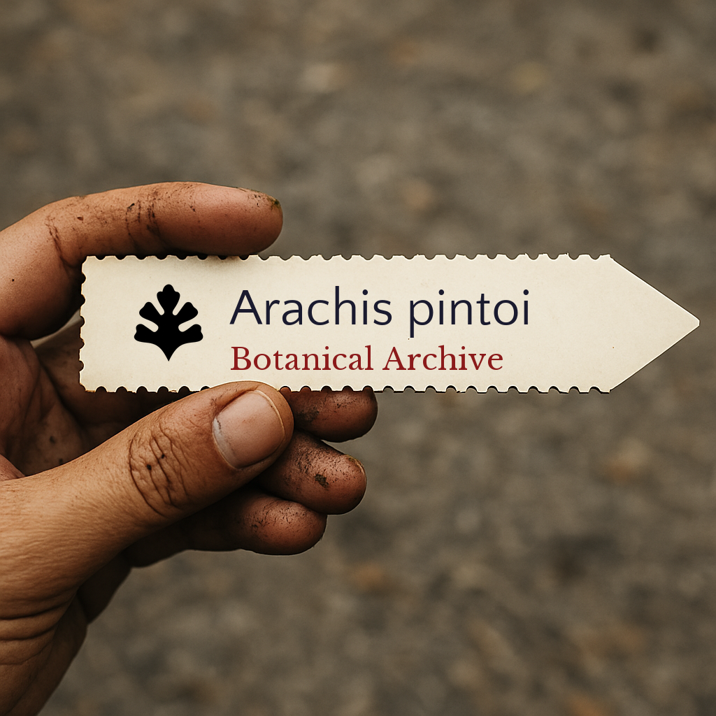 Etichetta stampata per pianta di Arachis pintoi con logo Botanical Archive tenuta a mano
