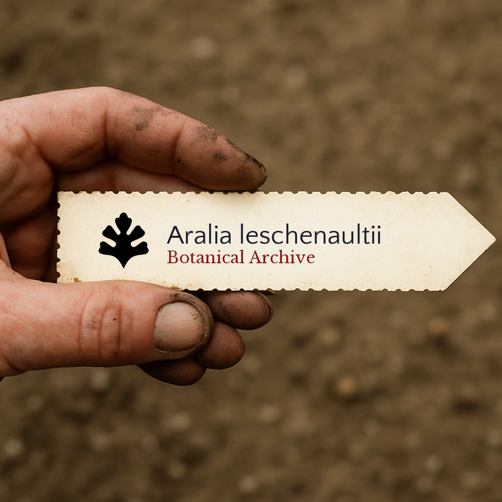 Printed plant label for Aralia leschenaultii held by a dirt-stained hand outdoors