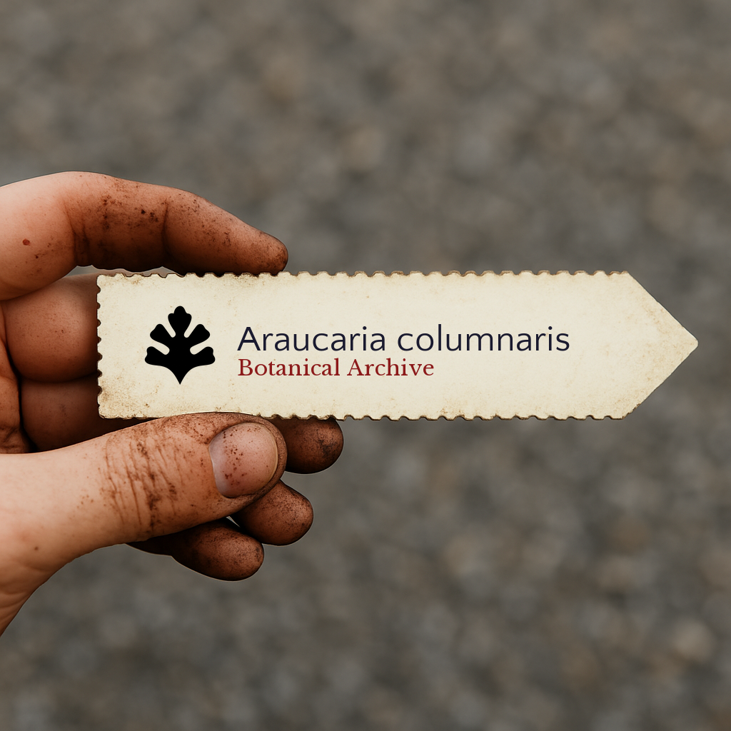 Etichetta per pianta stampata per Araucaria columnaris tenuta da una mano sporca con sfondo strutturato
