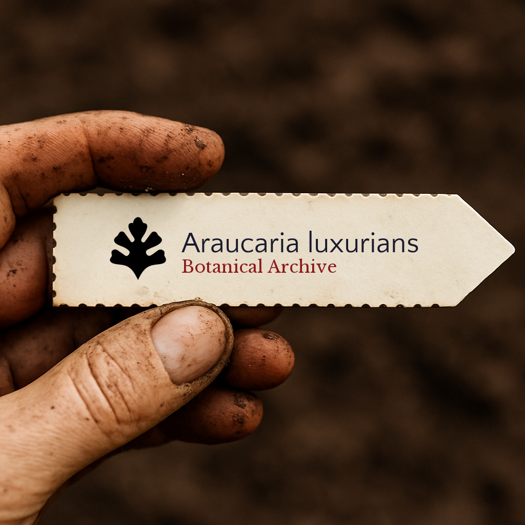 Etichetta stampata per pianta di Araucaria luxurians tenuta da una mano sporca su sfondo di terreno