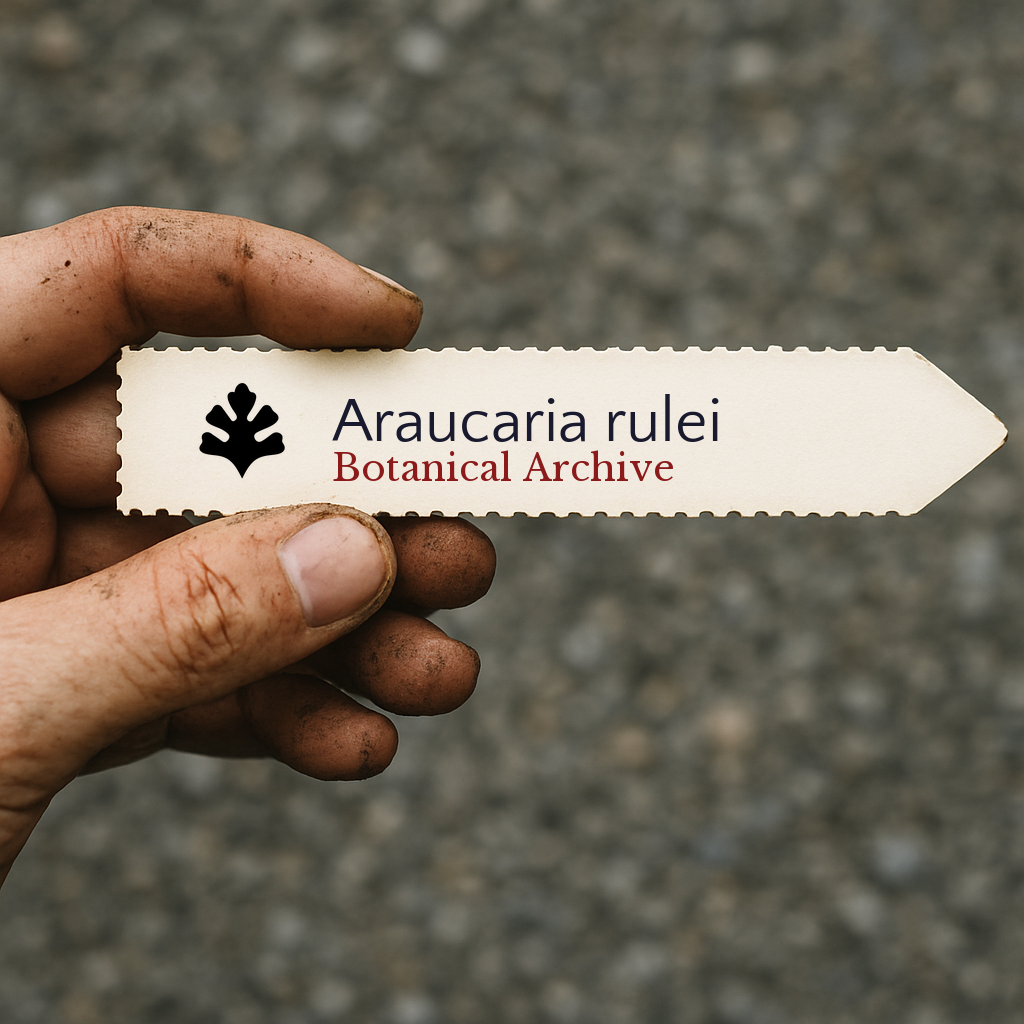 Etichetta stampata per pianta di Araucaria rulei tenuta da una mano sporca su sfondo sfocato