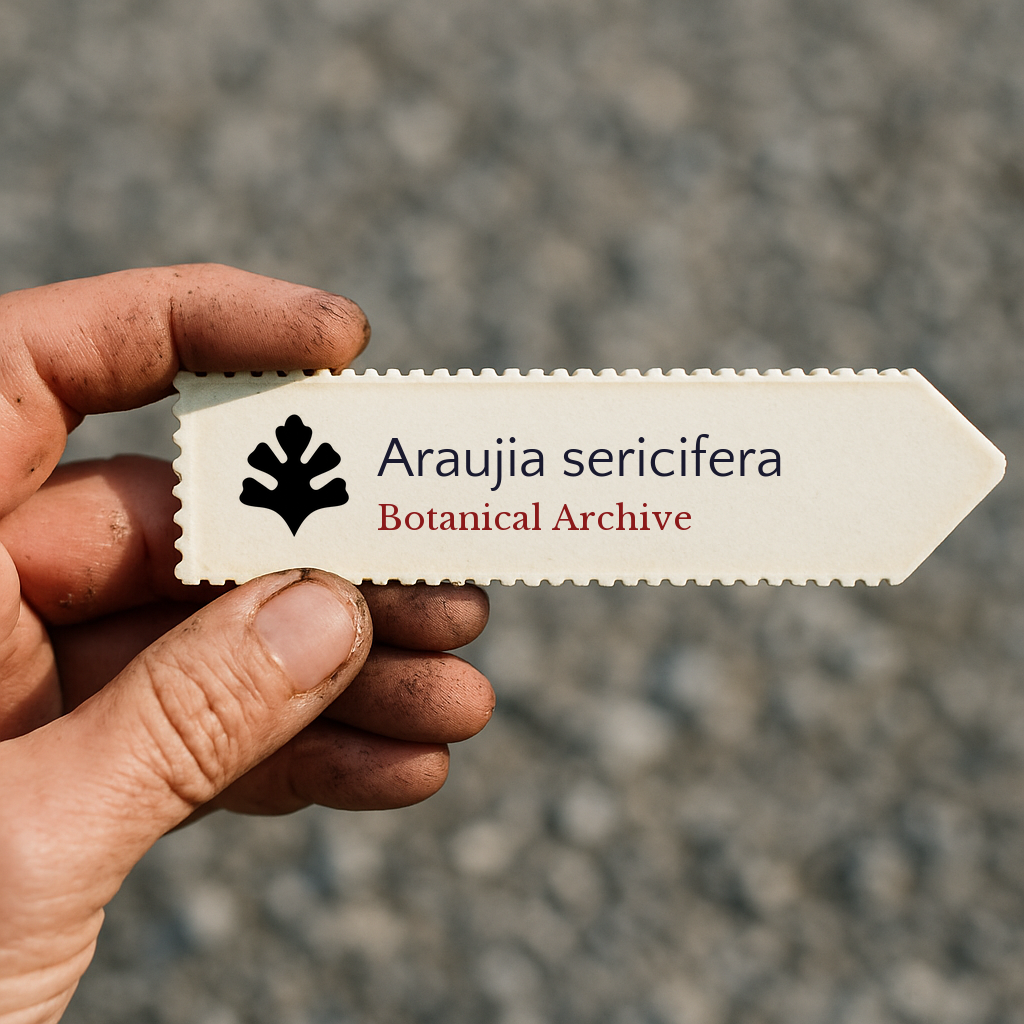 Printed plant label for Araujia sericifera held by dirty hand outdoors