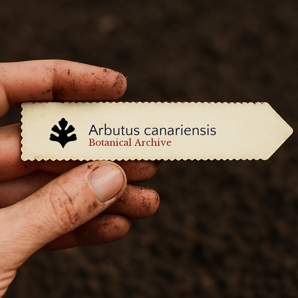 Printed plant label for Arbutus canariensis held by dirty hand over soil background