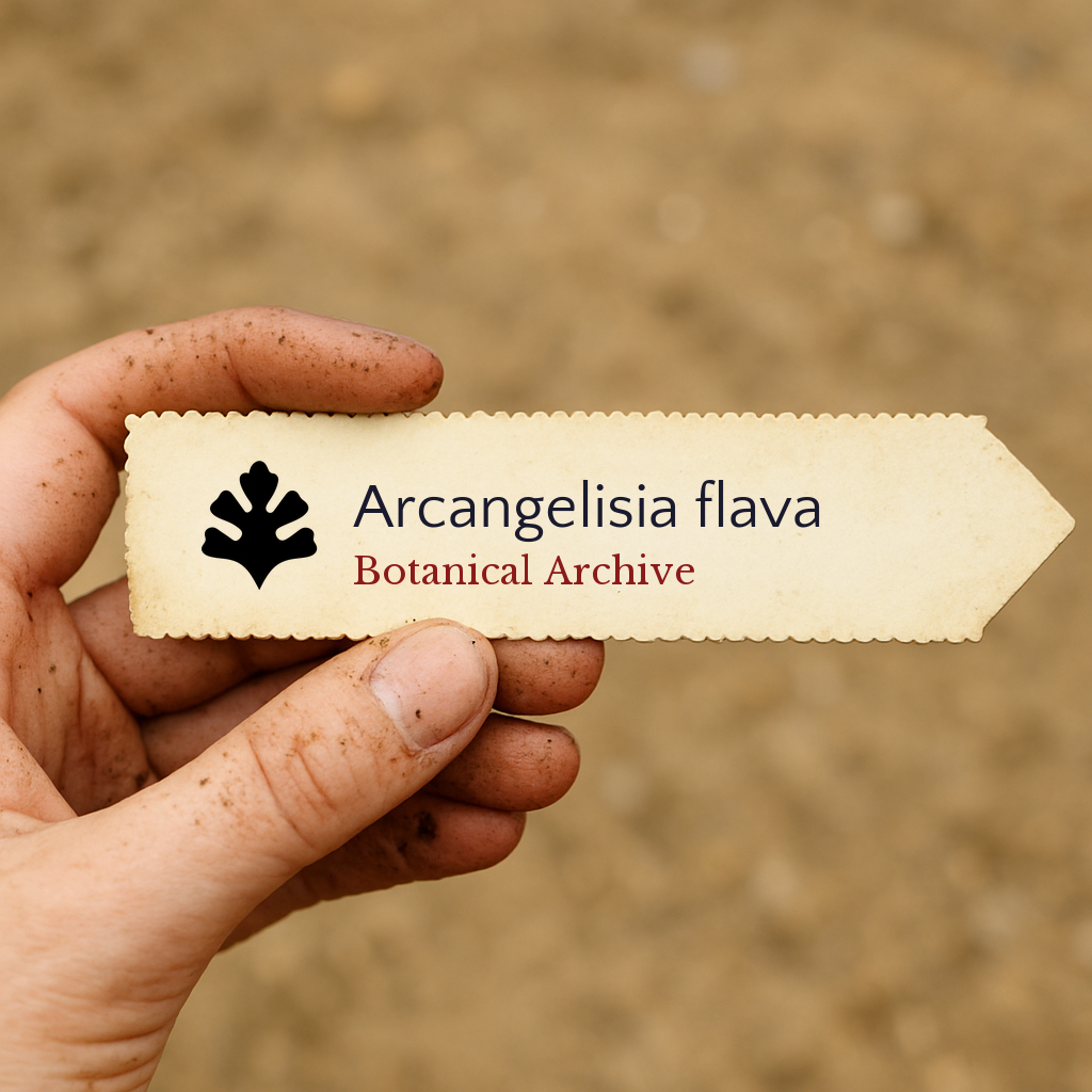 Printed plant label for Arcangelisia flava held by hand with soil background