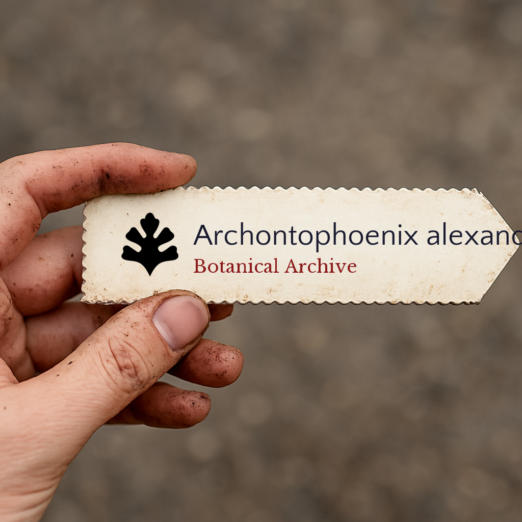 Etichetta per piante stampata per Archontophoenix alexandrae con logo di Botanical Archive tenuta da una mano sporca